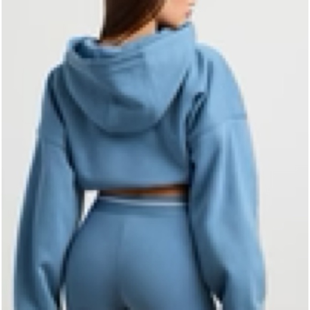 BOO TEE Stretch Cotton Fleece Cropped Hoodie in Steel Blue - Picture 2 of 11